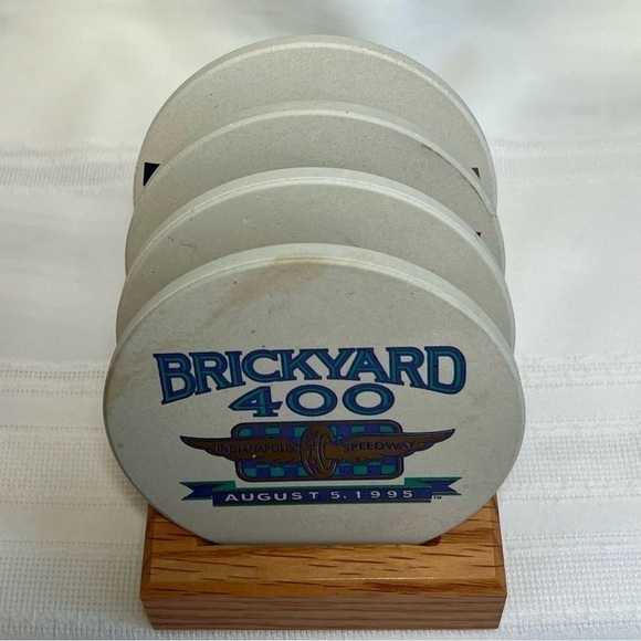 NASCAR Brickyard 400 August 1995 Stoneware Coasters Set of 4 Oak Rack EUC - Picture 1 of 8